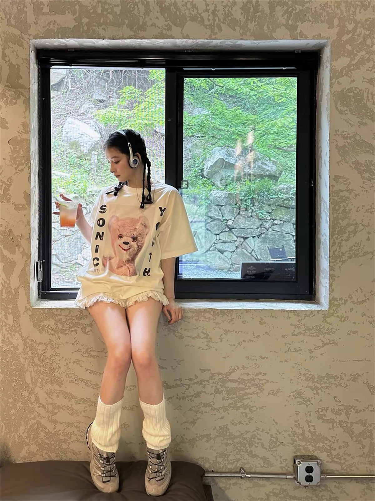 Vintage Summer Pink Rock bear Cartoon Distressed Cotton Casual T-Shirt Tops Street King Limited