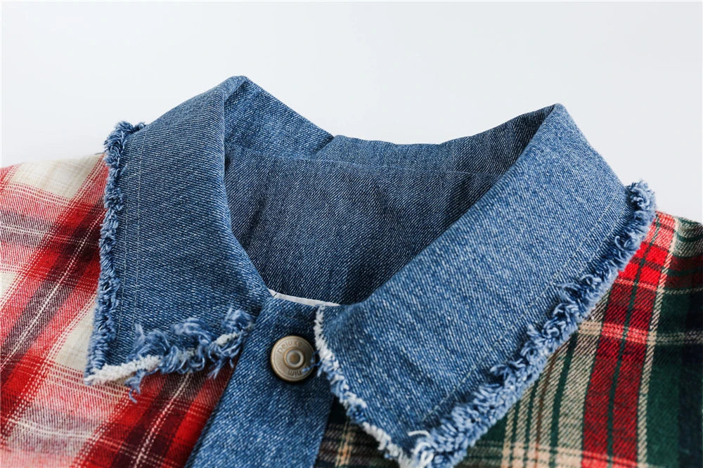 men hip hop denim jacket plaid patchwork oversized harajuku y2k unisex jeans jackets 2023 man fashion causal jacket outwear unique jeans style 1401