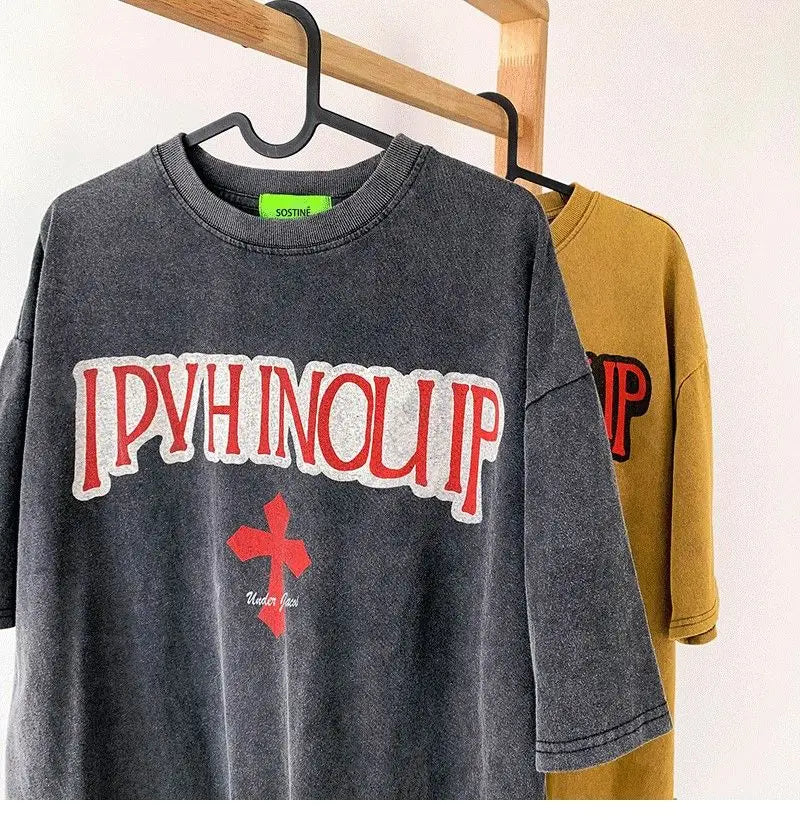 Cross short-sleeved T-shirt men's trendy brand ins American retro half-sleeved summer loose high street washed and distressed Street King Limited