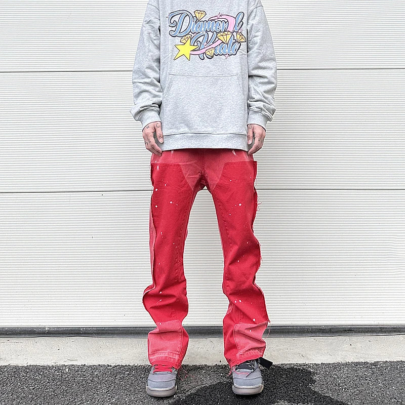 streetwear cleanfit double knee graffiti baggy pants jeans y2k vintage flare denim pants men patchwork patches for women clothes denim street jeans
