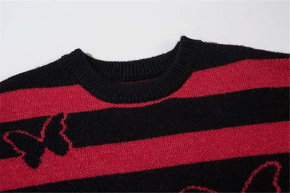 2023 Hip Hop Striped Knitted Sweater Streetwear Butterfly Graphic Distressed Ripped Pullover Men Harajuku Casual Knitwear Unisex Street King Limited