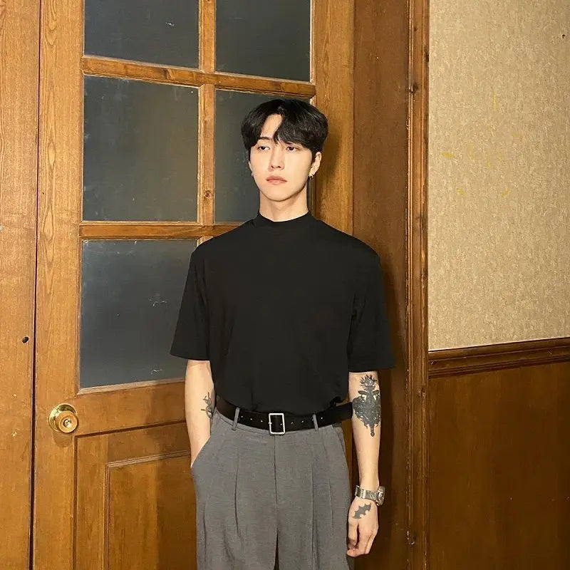 Korean style high-end half turtleneck short-sleeved summer T-shirt for men loose ice-sleeved bottoming shirt y2k trendy ins top Street King Limited