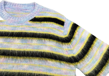 Korean Fashion Striped Patchwork Mohair Knitted Sweaters Retro Mens Oversized Knitwears Y2k Harajuku Female Round Neck Sweaters Street King Limited