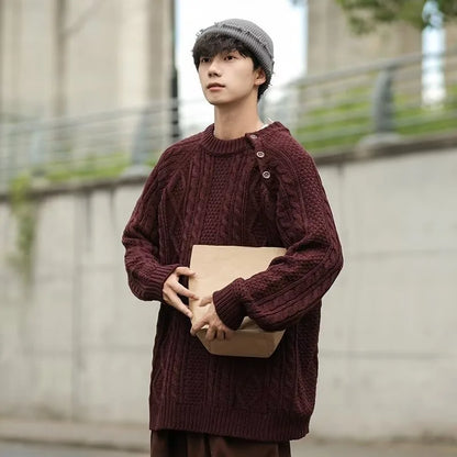 Thicken Japanese Retro Sweater Mens 2024 New College Couples Casual Warm Round Neck Pullover Red Simplicity Knitted Jacket Street King Limited