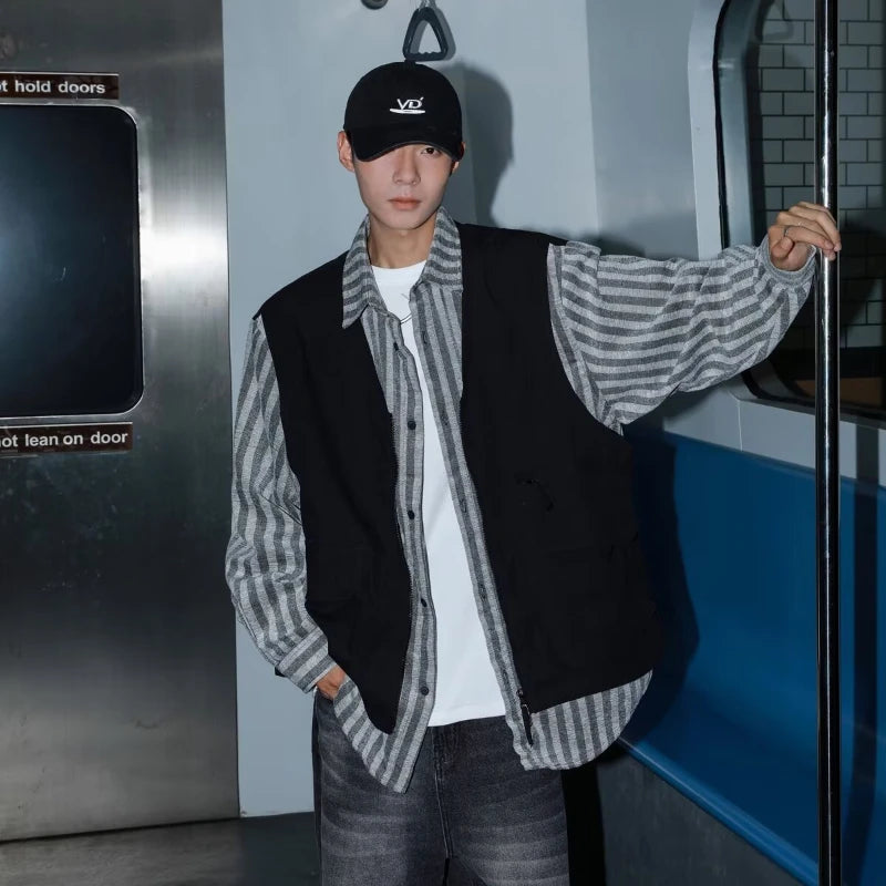 striped mens shirt jacket 2024 spring japanese street color blocked fake two coats vest tooling trend zipper long sleeved tops menswear bottoms