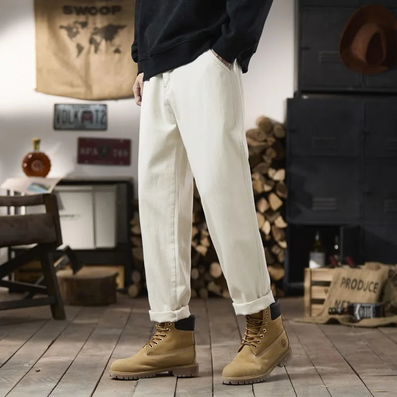 plus size 28 42 men streetwear fashion loose casual straight ankle length white denim jeans pant cityboy harem jeans trouser vintage washed jeans