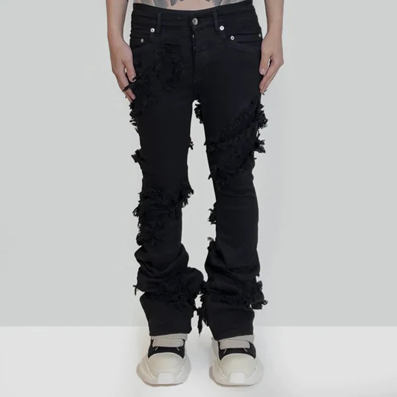 ro ribbons tassel high elasticity black jeans for men pantalones hombre straight baggy flare pnats oversized y2k denim trousers vintage washed jeans