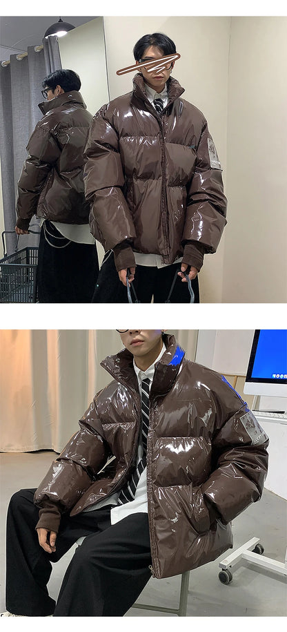 Winter Jacket Men Parkas Thicken Warm Coat Stand Collar Oversize Parkas Bright Leather Fabric Jacket Korean Style Padded Coat Street King Limited