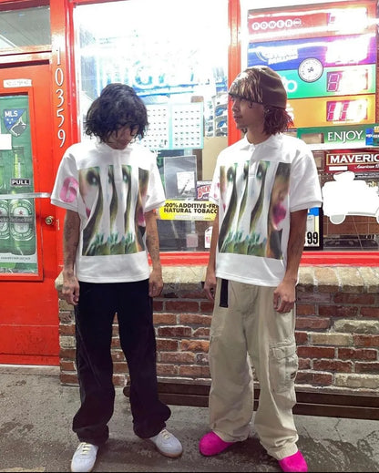 Y2k Harajuku Hip-hop Retro Cartoon Printed Lapel Short-sleeved Top Street Loose Casual Trendy Brand Versatile Couple T-shirt Street King Limited