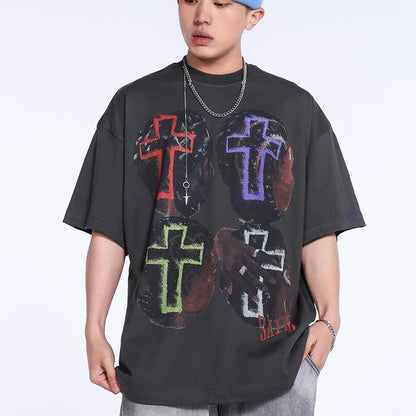 Saint T-shirts New Vintage Wash Letter Printing Chaopai High Street Men Woman Loose Casual Short Sleeve Top Tee Street King Limited