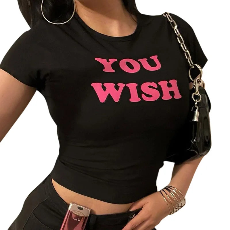 Aesthetic Fashion 2000S Cute Pink Letter Print Black Baby Tee Y2K Clothes Streetwear Vintage Short Sleeve Crop Top Women T-shirt Street King Limited