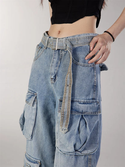fashion loose streetwear cargo denim jeans unisex casual multi pocket straight jean pants with belt hip hop joggers baggy jeans unique joggers style 2695
