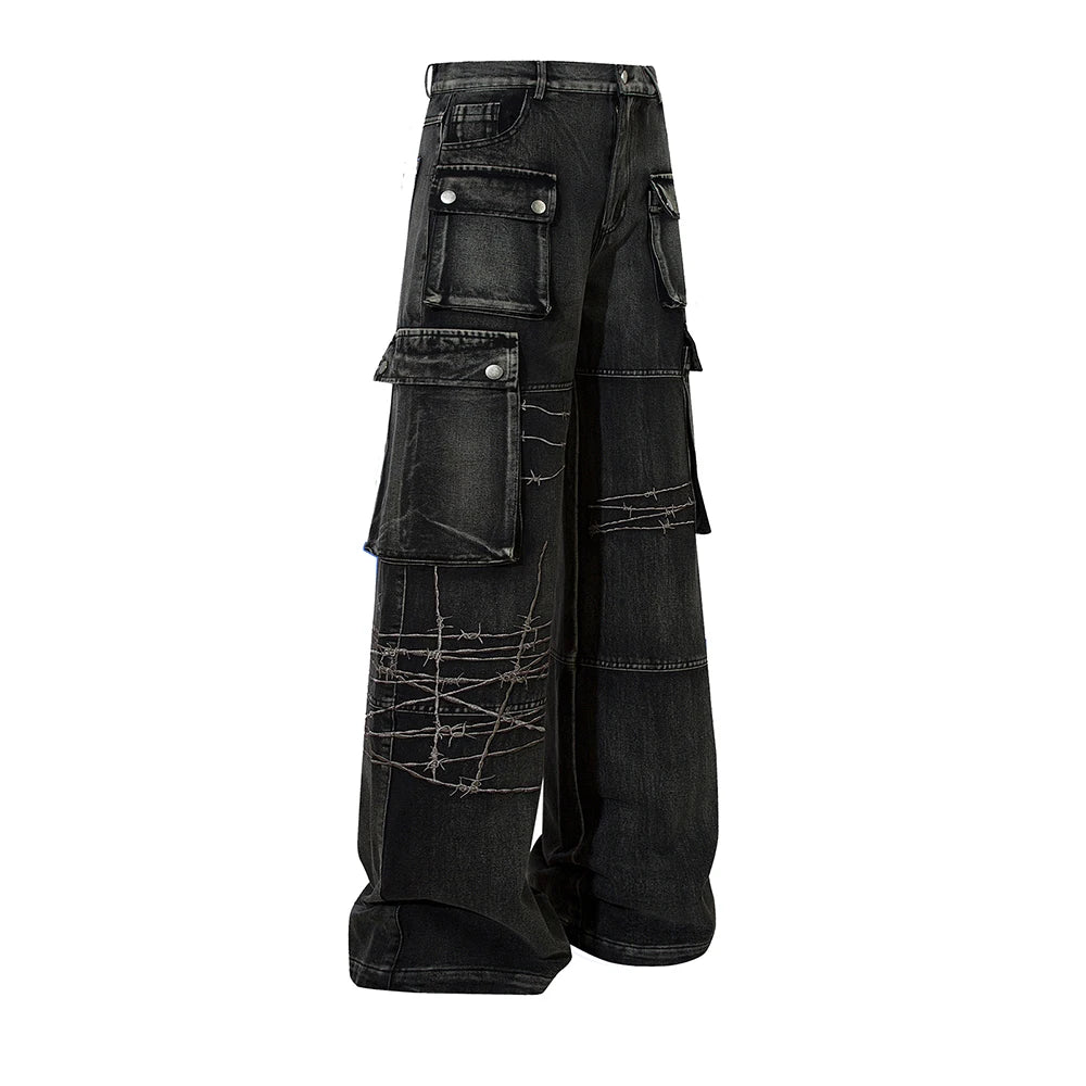 multi pockets embroidery washed baggy jeans for men and women straight ropa hombre casual cargo pants oversized denim trousers utility cargo pants