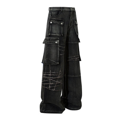 multi pockets embroidery washed baggy jeans for men and women straight ropa hombre casual cargo pants oversized denim trousers utility cargo pants