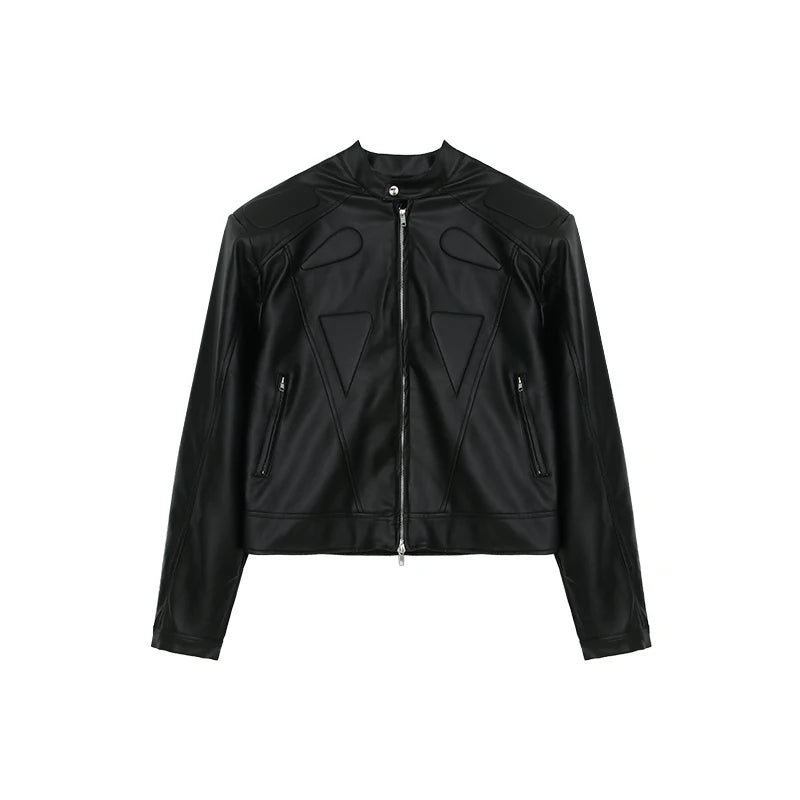 high street motorcycle pu leather jacket men hip hop trend shoulder padded coat street fashion stand collar zipper short outwear unique shorts style 1969