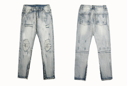 bottom zipper destroyed washed jeans skinny jeans ripped holes trousers men biker jeans fashion streetwear hip hop pants joggers unique joggers style 2013
