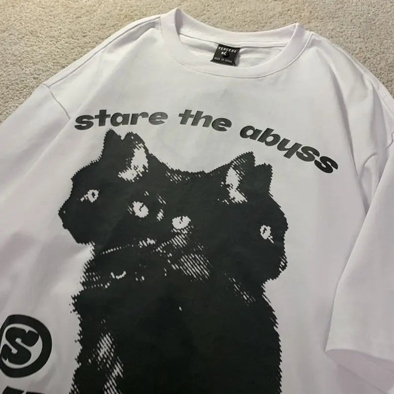 European and American Cute Cat Personalized Graphic T shirt Fashion y2k Cotton Street Retro Hip Hop Harajuku Oversized T shirt Street King Limited