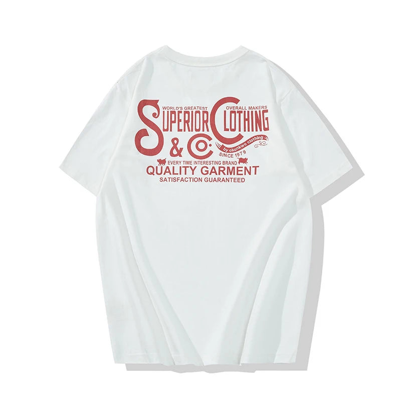 Vintage Amekaji Letter Printed T-shirt Men 2022 Spring Summer New Round Neck Short Sleeve Motorcycle T Shirt Cotton Tees Street King Limited