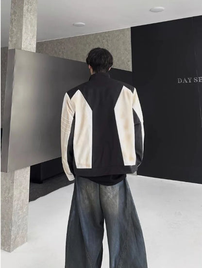 street american color block mens jacket 2024 new autumn zipper patchwork shoulder pads racing coats motorcycle windbreaker unique default style 3229