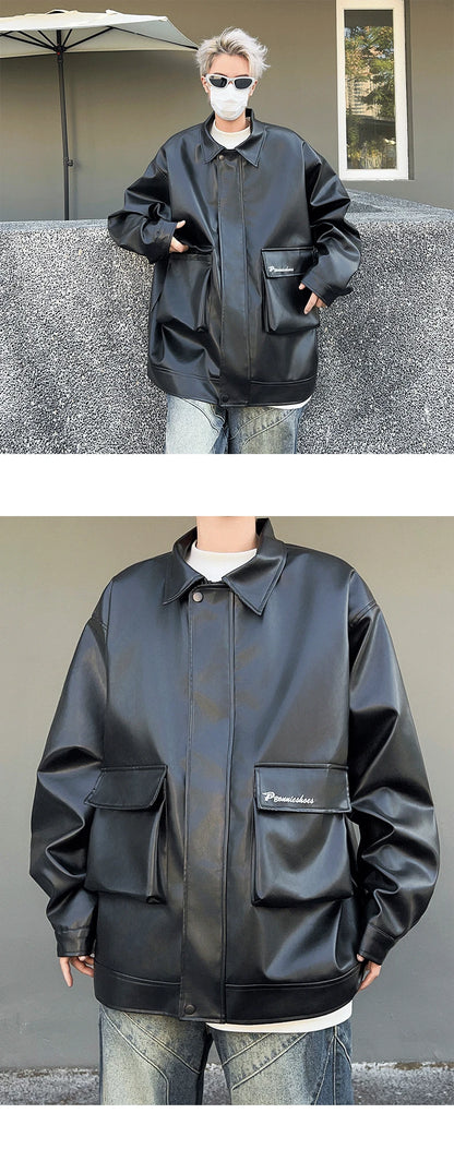 spring autumn vintage cool soft pu leather moto jacket men luxury designer clothes motorcycle trendy jacket with pockets unique default style 5953