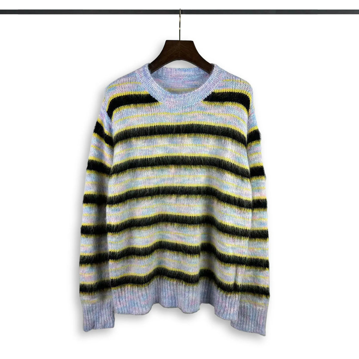 Korean Fashion Striped Patchwork Mohair Knitted Sweaters Retro Mens Oversized Knitwears Y2k Harajuku Female Round Neck Sweaters Street King Limited