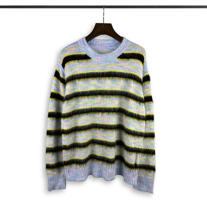 Korean Fashion Striped Patchwork Mohair Knitted Sweaters Retro Mens Oversized Knitwears Y2k Harajuku Female Round Neck Sweaters Street King Limited
