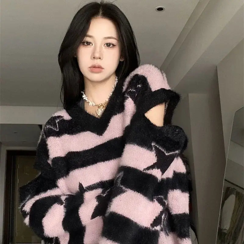 Punk Gothic Long Sweater Women Furry Knitted Sweaters Y2K Streetwear Loose Hollow Out Detachable Pullovers Harajuku Sexy Tops Street King Limited