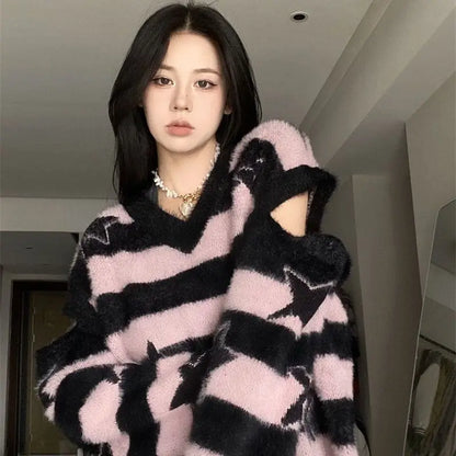 Punk Gothic Long Sweater Women Furry Knitted Sweaters Y2K Streetwear Loose Hollow Out Detachable Pullovers Harajuku Sexy Tops Street King Limited