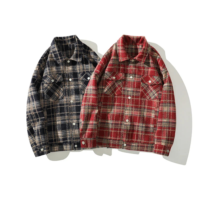 american retro red plaid jacket england style couple shirt jackets autumn new unisex coat three dimensional pockets design menswear bottoms
