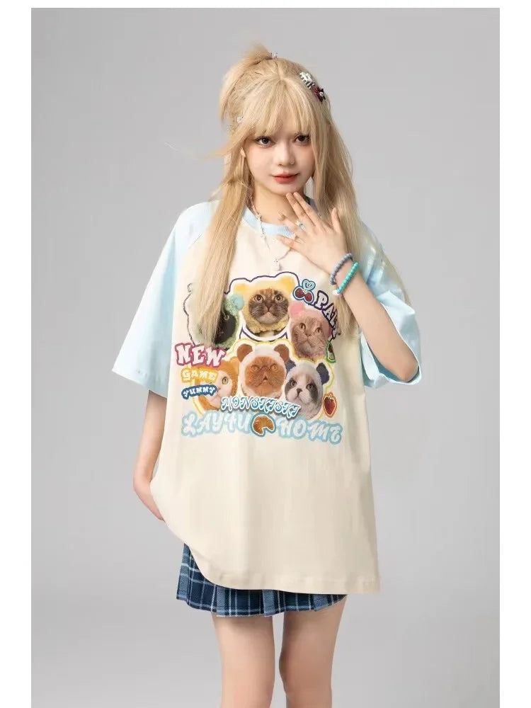 Cat t-shirt women printed raglan sleeves loose casual round neck cute couple half-sleeves y2k top women clothes harajuku kawaii Street King Limited