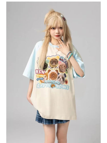 Cat t-shirt women printed raglan sleeves loose casual round neck cute couple half-sleeves y2k top women clothes harajuku kawaii Street King Limited
