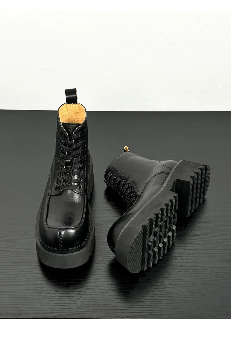 Men's Genuine Leather High Sole Platform Streetwear Fashion Casual Increase Boots Male Punk Gothic Rock Motorcycle Boots Shoes Street King Limited