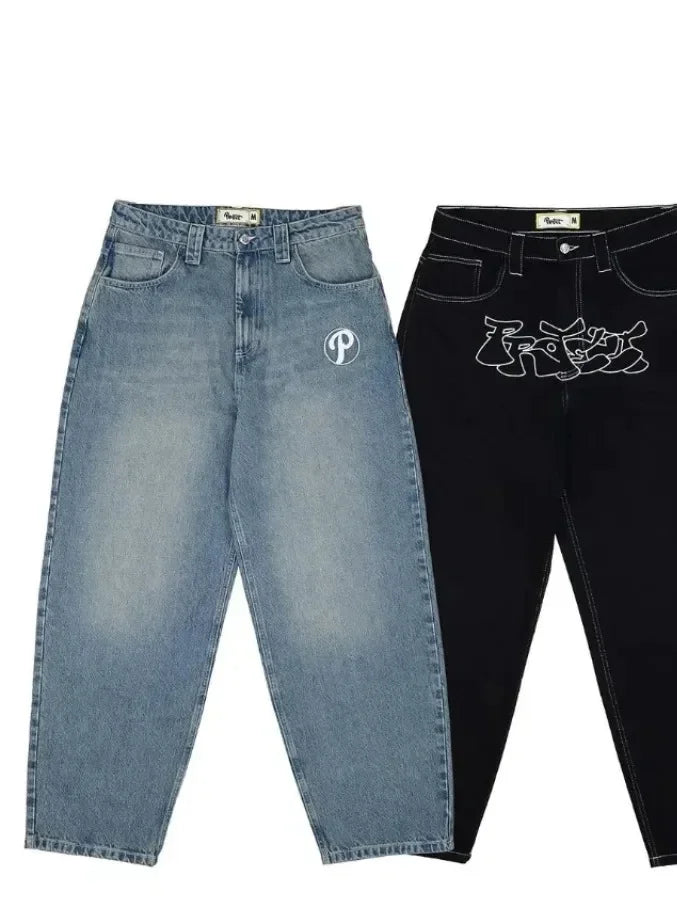 Y2K Mens Pants Letter Embroidered Retro Blue Loose Jeans High Waist Wide Leg Pants Harajuku Hip Hop Protect Streetwear Jeans Street King Limited