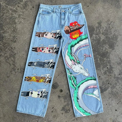 harajuku many ghost faces print y2k men s jeans popular anime baggy jeans wide leg pants streetwear trouser men clothing unique jeans style 4483