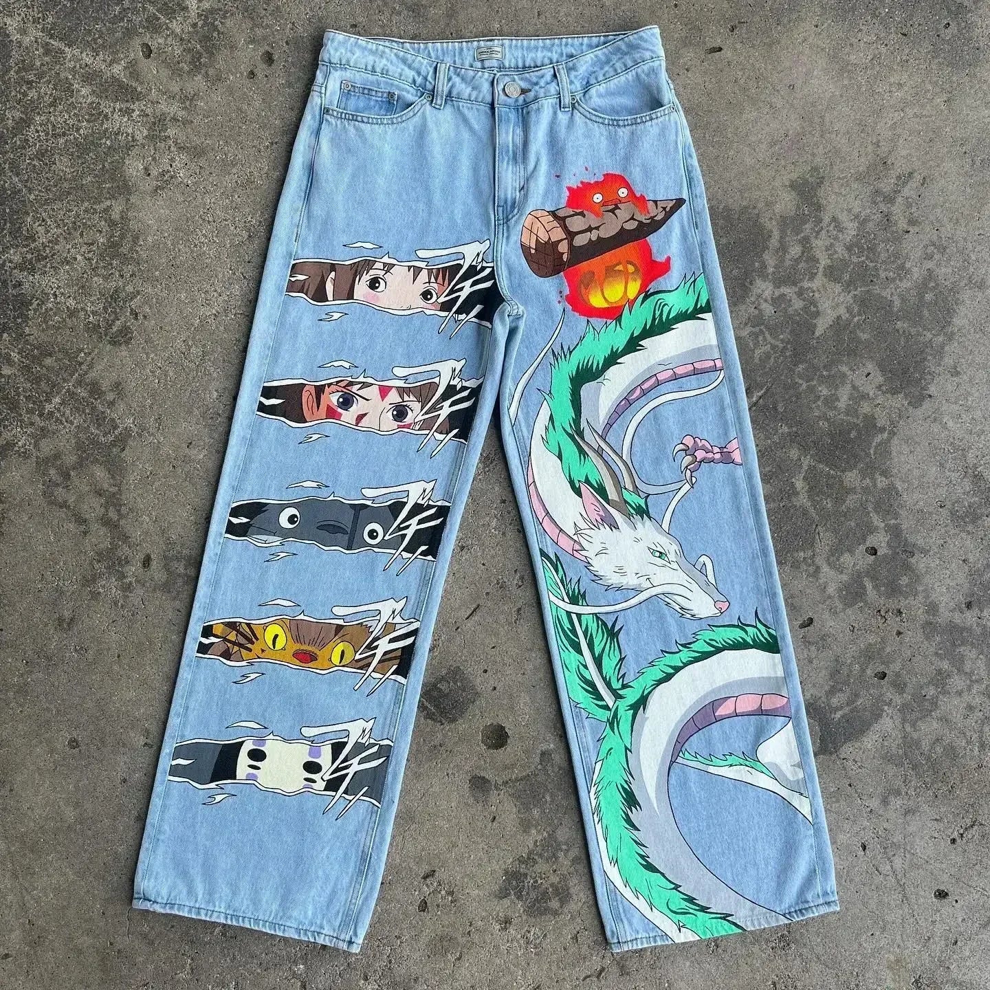 harajuku slifer the sky dragon print y2k men s jeans popular anime baggy jeans wide leg pants streetwear trouser men clothing unique jeans style 4361