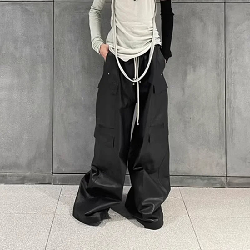 ro style matte pu leather pants for men high street y2k pantalones hombre baggy overall wide leg drawstring cargo pants utility cargo pants