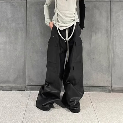 ro style matte pu leather pants for men high street y2k pantalones hombre baggy overall wide leg drawstring cargo pants utility cargo pants