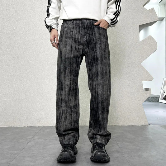 mens streetwear fashion hip hop vibe casual retro tie dyed denim pant jeans cityboy black gray straight jeans trousers stacked flare jeans