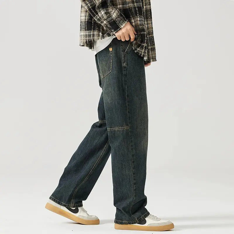 american style new retro heavy duty washed straight leg jeans for men and women simple and loose trendy wide leg casual pants vintage washed jeans