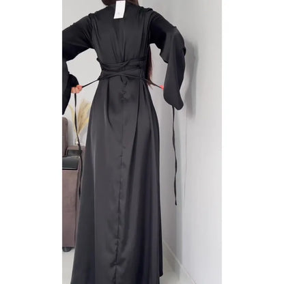2024 Women Satin Long Dresses Sexy Lace Up Slim Evening Dresses Simple Round Neck Flare Sleeve Birthday Party Dresses For Women Street King Limited