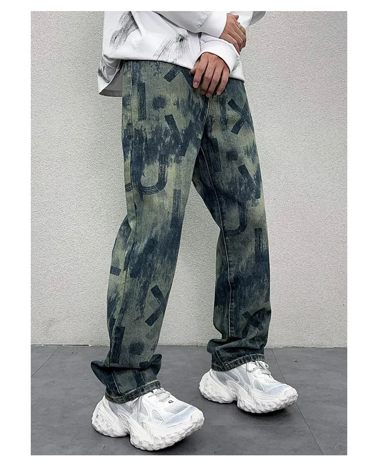 men loose casual american high street hip hop vibe printed denim baggy jeans pants man streetwear ripped jeans trousers unique jeans style 2974