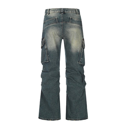 streetwear side pockets pleated washed blue jeans unisex straight baggy y2k denim pants ropa hombre casual cargo pants oversized utility cargo pants