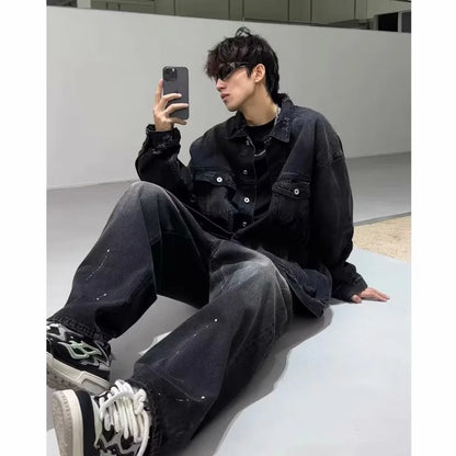 high street washed denim jacket mens trends new spring streetwear single breasted casual hip hop coats loose cowboy outwear unique jeans style 3999