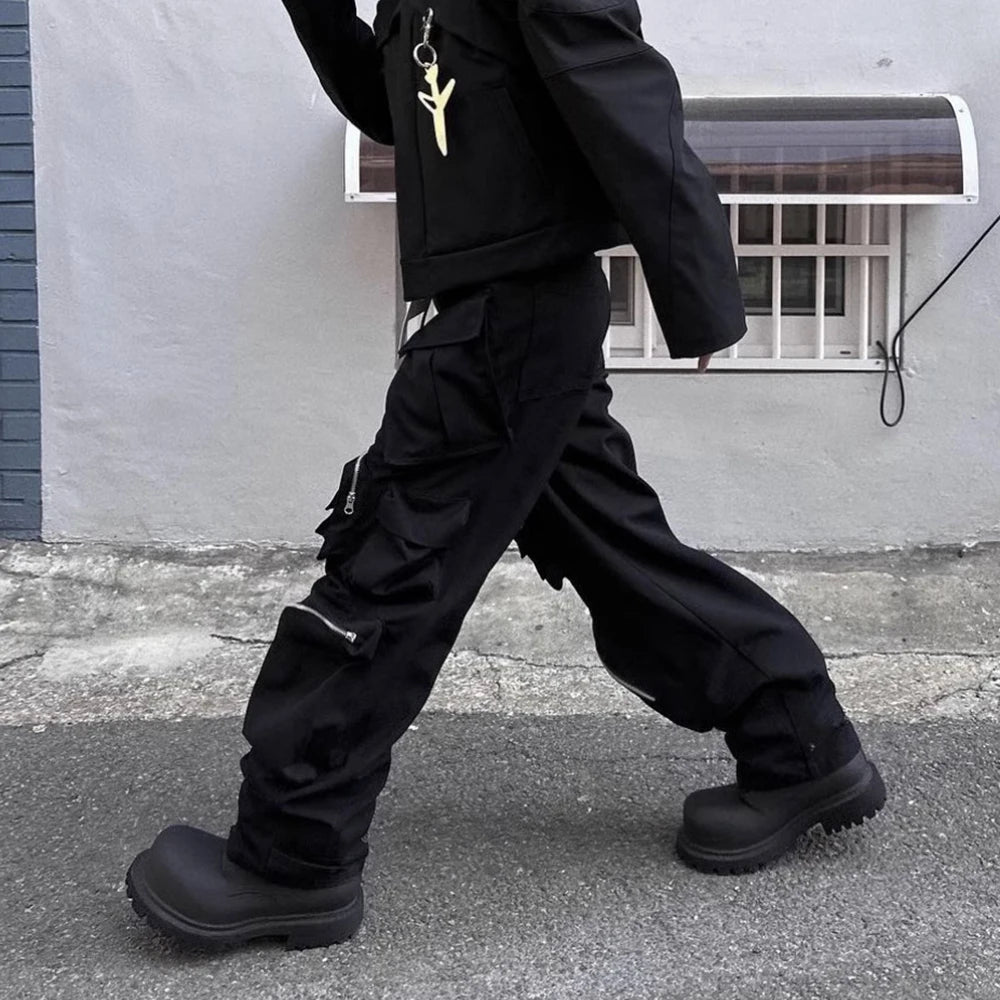 high street multi pokcets functional wide leg cargo pants unisex black straight baggy y2k overalls oversized loose trousers unique cargo style 428
