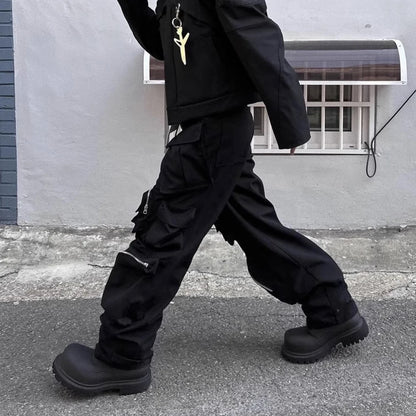 high street multi pokcets functional wide leg cargo pants unisex black straight baggy y2k overalls oversized loose trousers unique cargo style 428