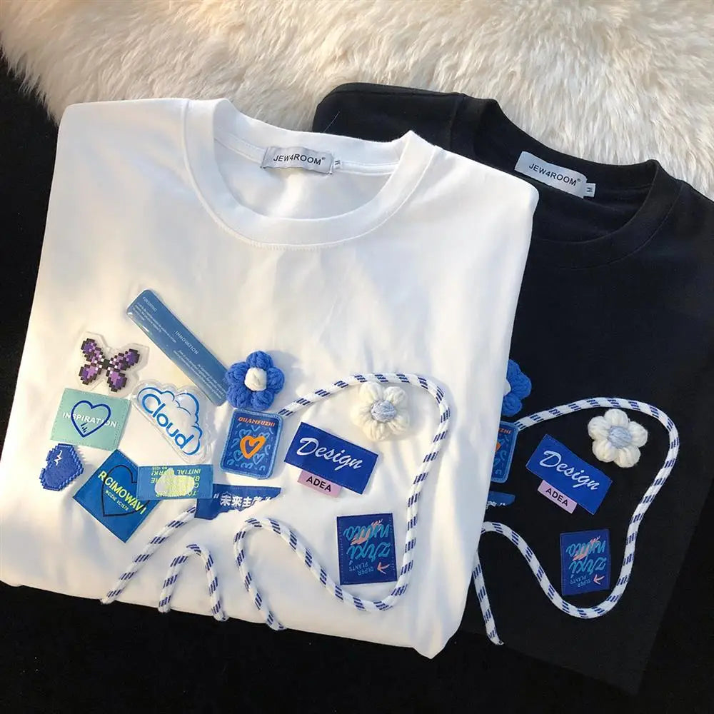 Super Chic Appliques Butterfly Bow Creative T Shirts Sweet Girl Kawaii Clothes 2022 Summer Large 2XL Korean Brand Office Ladies Street King Limited