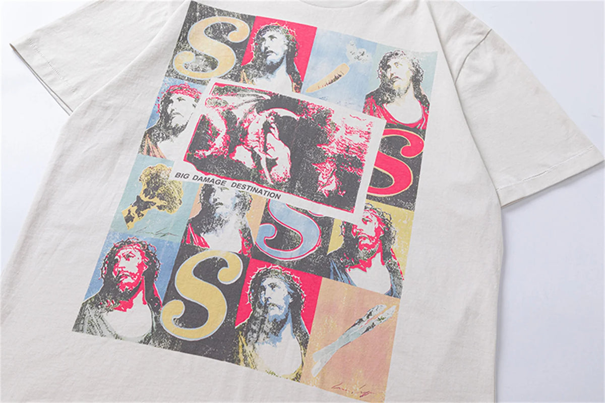 Vintage Retro Series VEGES Print High-Street Worn Streetwear Cotton Quality Casual Loose Short Sleeve Tops T-Shirt Street King Limited