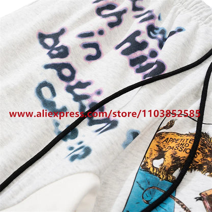 2024 autumn winter vintage casual sports pants mens letter illustration printed loose drawstring leg strap high street hip hop unique default style 1621