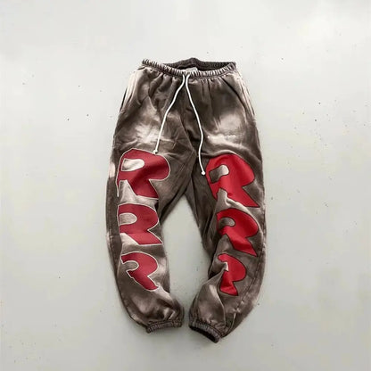 RRR123 24FW Sunshine Wash Brown Flower Grey Loose Drawstring Feet Guard Pants Street King Limited