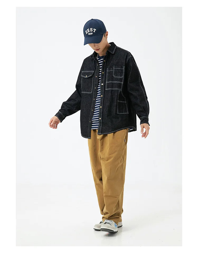 Vintage Men's Spring And Autumn New Washed Distressed Denim Shirt Jacket Loose Casual Long-Sleeved Coat Jacket Street King Limited